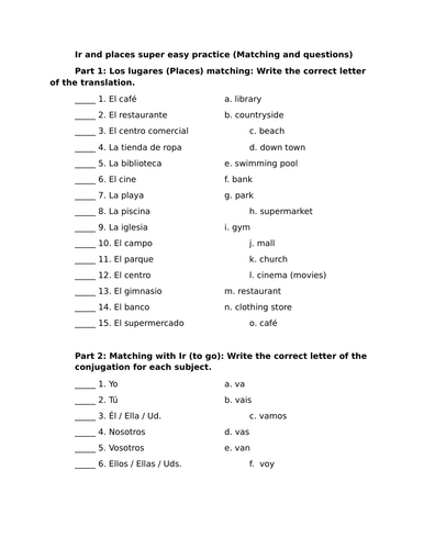 Ir and places super easy practice (Matching and questions)