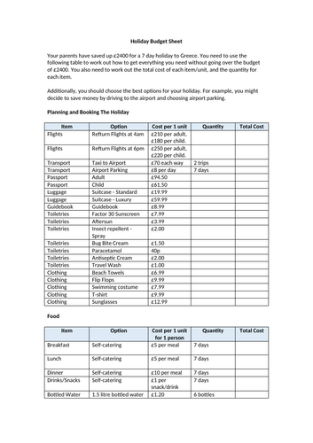 Travel Writing - Holiday Budget Worksheet