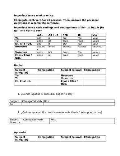 Imperfect tense mini practice