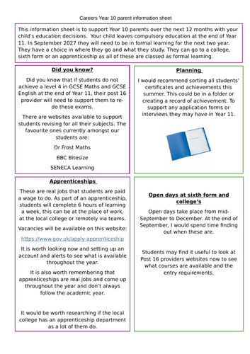 Yr10 Careers information for parents -Summer newsletter