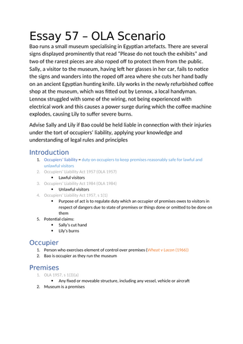A-Level Law: 2022 OLA Scenario Plan + Model - Eduqas Tort Law