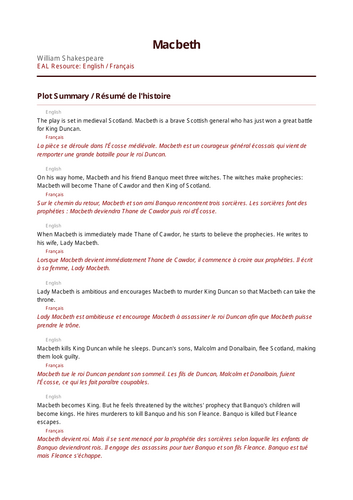 Macbeth - EAL workbook - FRENCH