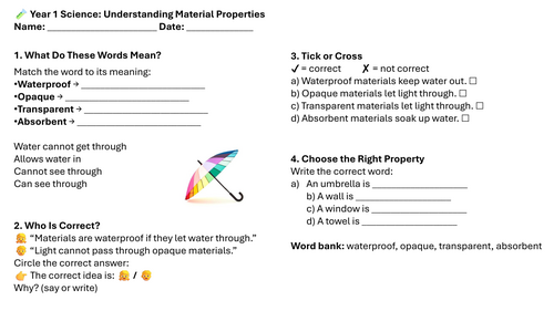 Year 1 Science: Understanding Material Properties Lesson 4 Worksheets