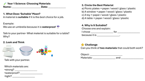 Year 1 Science: Choosing Materials Lesson 5 Worksheets