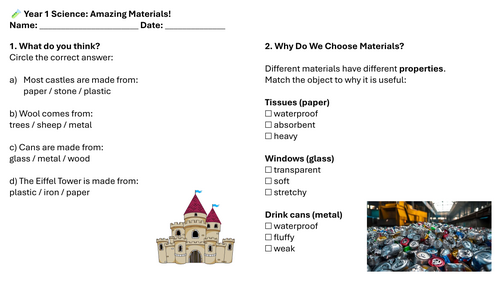 Year 1 Science: Amazing Materials! Additional Lesson Worksheets