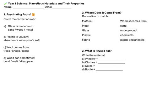Year 1 Science: Marvelous Materials and Their Properties Additional Lesson 2 Worksheets