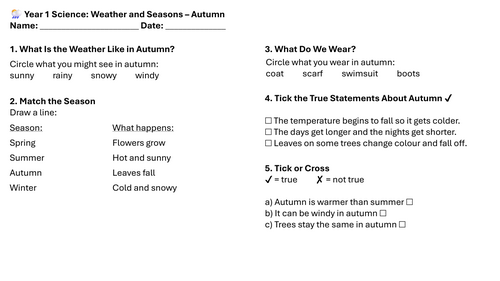 Year 1 Science Weather and Seasons Autumn Lesson 1 Worksheets