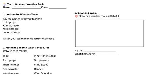 Year 1 Science: Weather Tools Lesson 2 Worksheet
