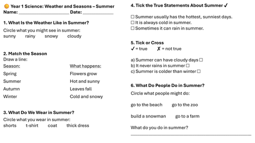 Year 1 Science: Weather and Seasons – Summer Lesson 3 Worksheets