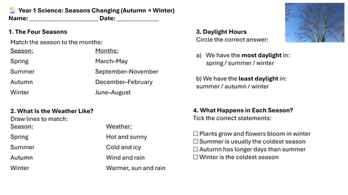 Year 1 Science: Seasons Changing (Autumn → Winter) Lesson 4 Worksheets