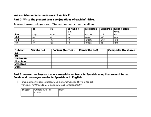 Las comidas personal questions (Spanish 1)
