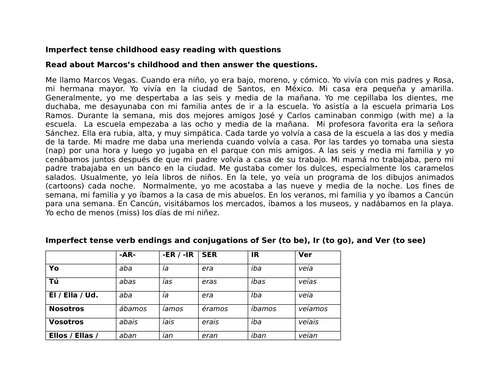 Imperfect tense childhood easy reading with questions