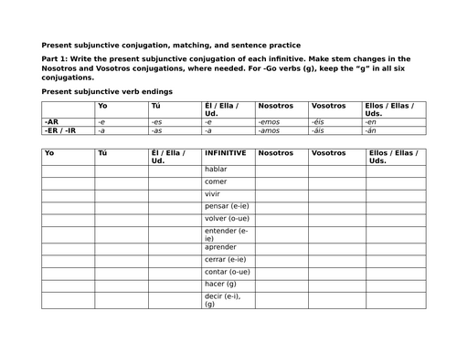 Present subjunctive conjugation, matching, and sentence practice