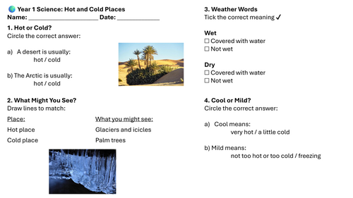 Year 1 Science: Hot and Cold Places Lesson 6 Worksheets
