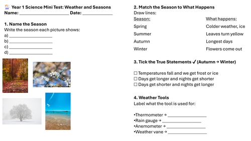 Year 1 Science Mini Test: Weather and Seasons
