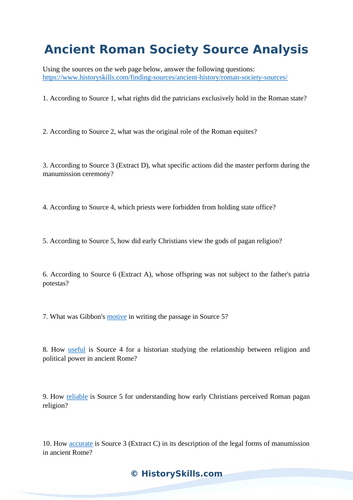Ancient Roman Society Source Analysis Worksheet