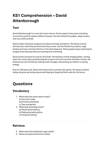 David Attenborough KS1 Reading Comprehension | 100th Birthday | Nature & Environment | Year 1 & 2