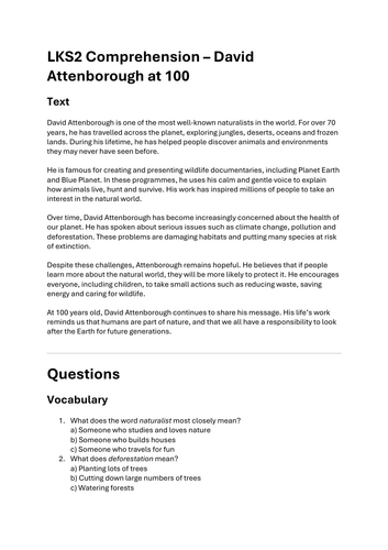 David Attenborough LKS2 Reading Comprehension | Year 3 & Year 4 | Nature, Climate Change & Environme