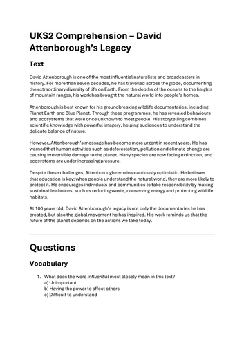 David Attenborough UKS2 Reading Comprehension | Year 5 & Year 6 | Climate Change & Environment | SAT