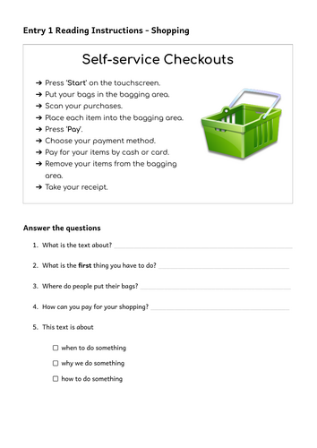 Reading Shopping Instructions Entry 1 ESOL ESL A1