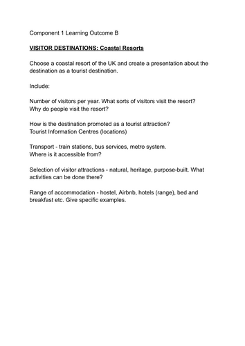 Travel and Tourism BTEC Pearson Compo 1 destination research task COASTAL RESORTS