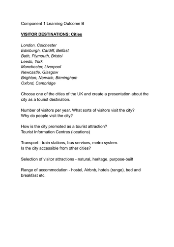 Travel and Tourism BTEC Pearson Compo 1 destinations research task CITIES