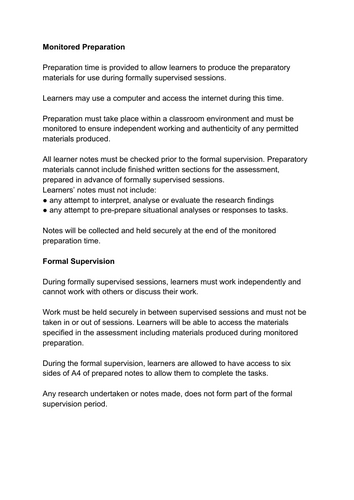 T&T BTEC explanations of monitored preparation and formal supervision for students