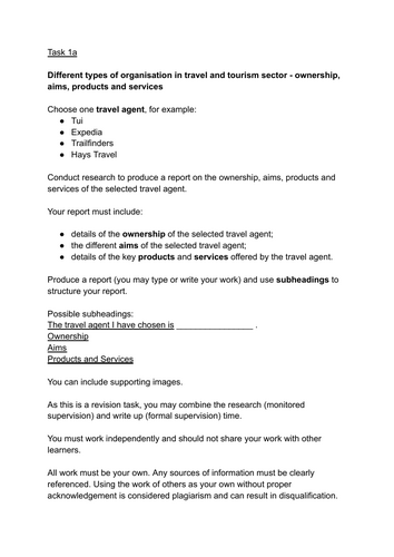 Travel and Tourism BTEC Pearson Compo 1 task 1a revision task with guidance TRAVEL AGENT