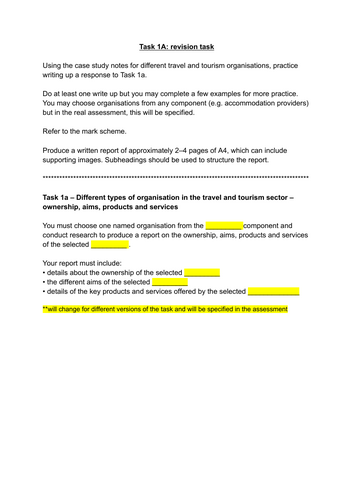 Travel and Tourism BTEC Pearson Compo 1 task 1a revision task