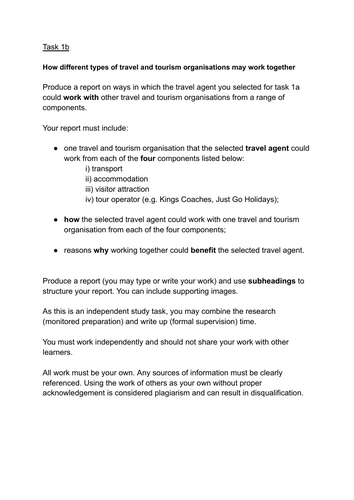 Travel and Tourism BTEC Pearson Compo 1 task 1b revision task with guidance TRAVEL AGENT