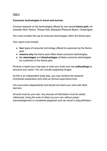 Travel and Tourism BTEC Pearson Compo 1 task 2 revision task with guidance THEME PARK