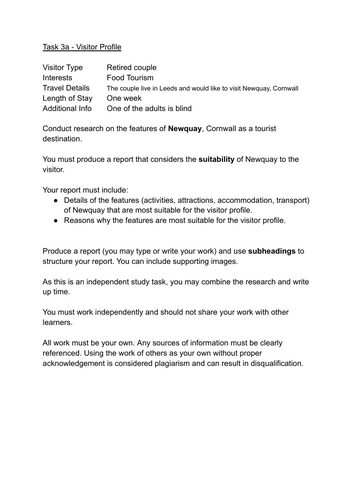 T&T BTEC task 3a practice task NEWQUAY FOOD TOURISM BLIND