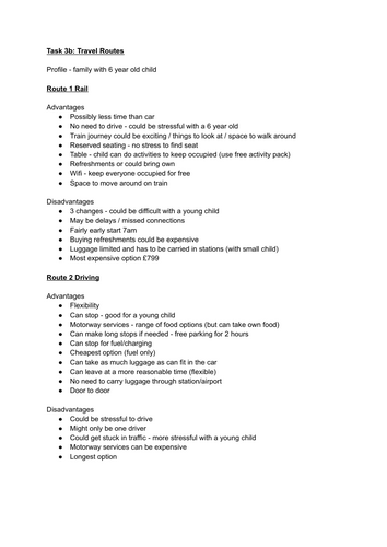 T&T BTEC task 3b route options notes adv and disadv
