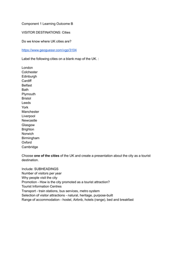 Travel and Tourism BTEC Pearson Compo 1 CITY as a tourist destination research task