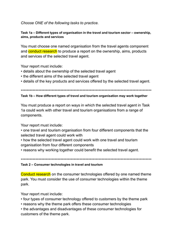 Travel and Tourism BTEC Pearson Compo 1 tasks 1a 1b and 2 practice revision questions