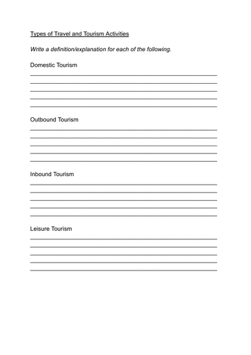 T&T BTEC worksheet types of tourism defs and reasons for leisure tourism