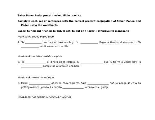 Saber Poner Poder preterit mixed fill in practice