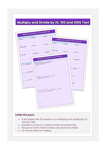 Test Paper - Multiplying and Dividing by 10, 100 and 1000