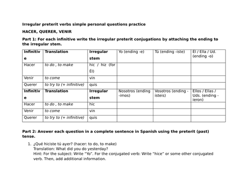 Irregular preterit verbs simple personal questions practice