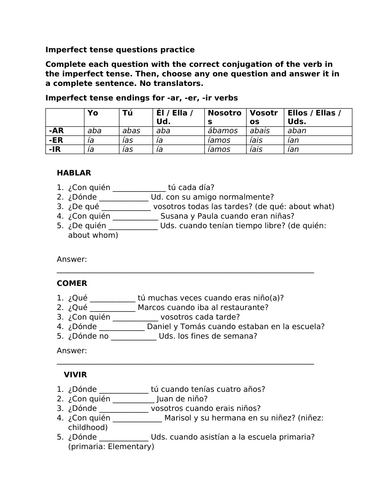 Spanish imperfect tense questions practice