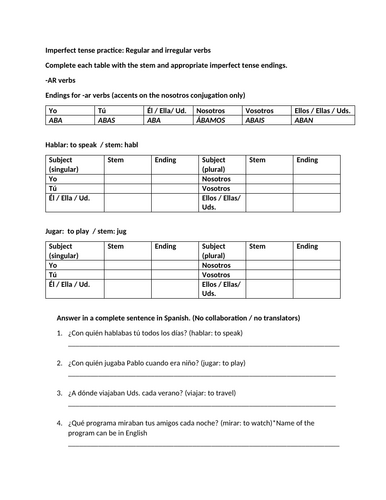 Imperfect tense introductory practice Spanish