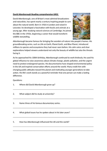 David Attenborough Reading Comprehension for KS1, LKS2 and UKS2
