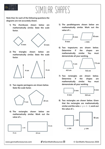 Similar Shapes - Maths GCSE Foundation Worksheet