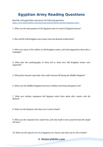 Ancient Egyptian Army Reading Comprehension Worksheet