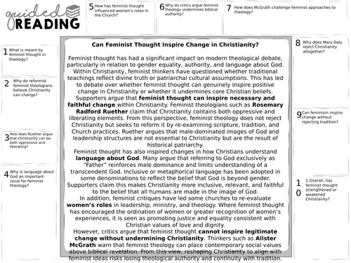 OCR A-Level Gender and Theology: Can feminist thought change Christianity? guided reading sheets