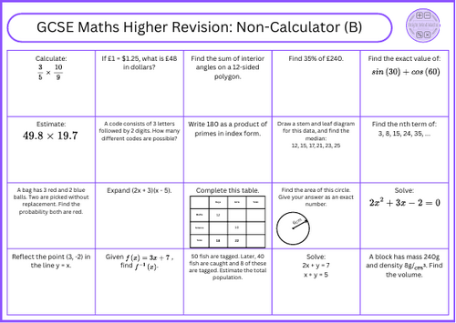 GCSE Maths Higher Revision Non-Calculator (B)