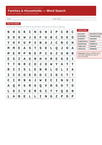 Families and Households wordsearch