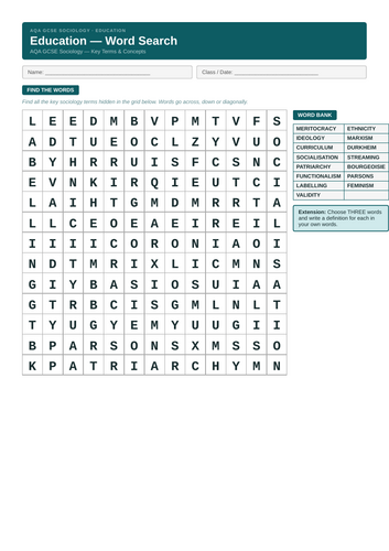 Education wordsearch