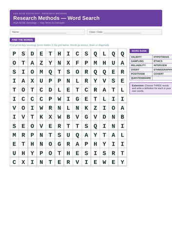 Research Methods - Sociology wordsearch