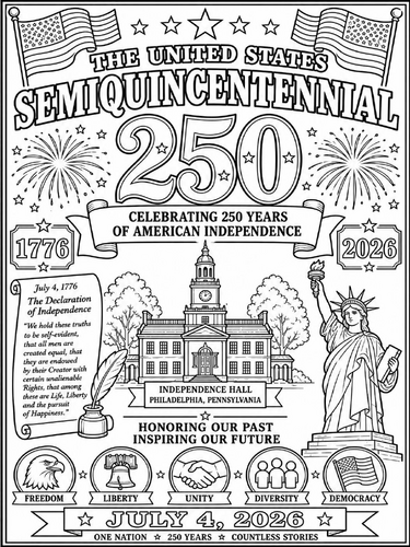 The United States Semiquincentennial coloring poster